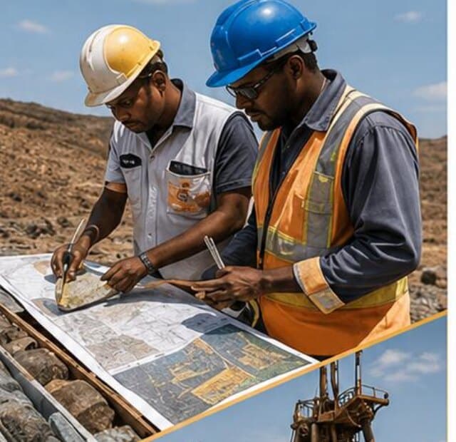Two geologists in hard hats reading drill core and maps in the field
