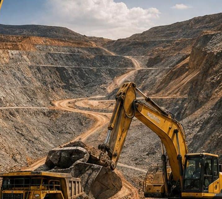 An excavator loading a haul truck on the benches of an open pit mine