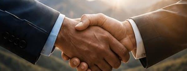 Two people shaking hands against a mountain sunrise