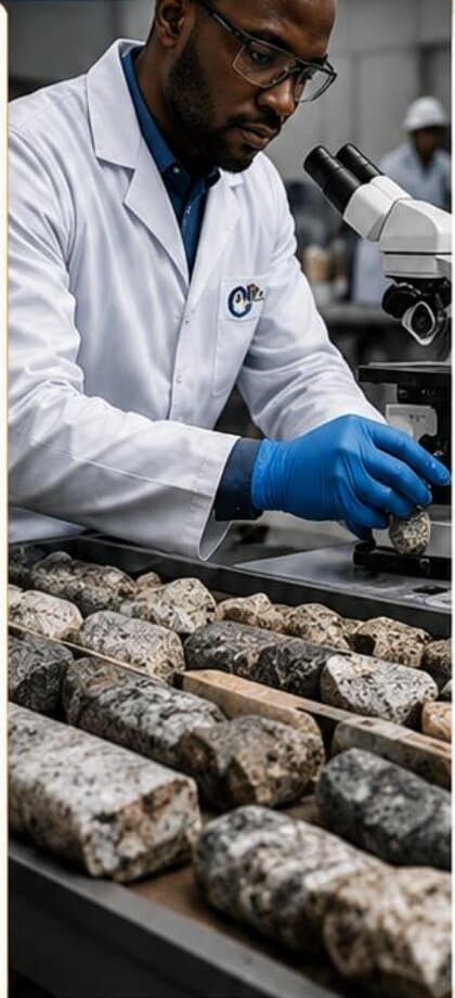 A laboratory analyst examining core samples under a microscope