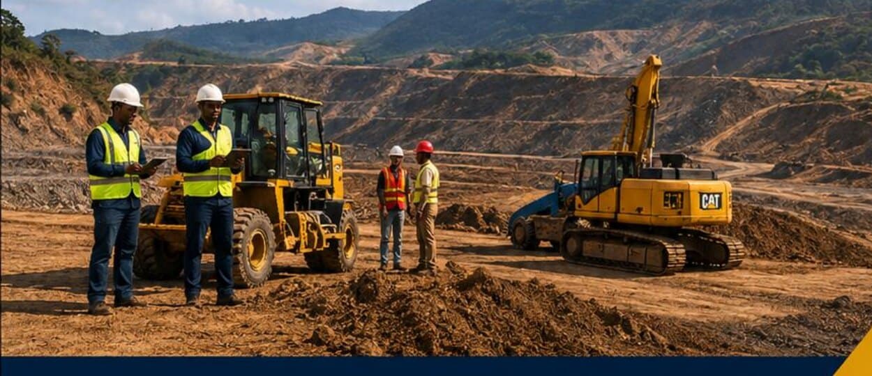 Site engineers reviewing plans beside excavators on an open pit bench