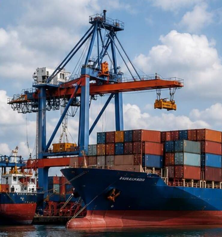 Container ship under gantry cranes at an export port